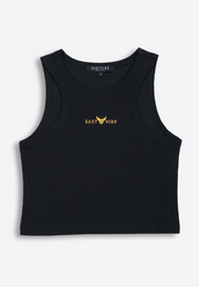 High-neck black crop top on plain background, East Vibe